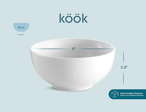 KooK Ceramic Soup bowls, Microwave, Dishwasher and Freezer Safe, Porcelain Dishes for Soup, Pasta, Salad, Oatmeal, Deep Interior, 24 oz, Set of 6, Marshmallow White - color: White, 6 Pack