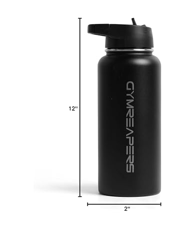 Gymreapers Insulated Water Bottle - Stainless Steel 32 Oz, 3 lids (Straw, Chug, Canteen), Double Walled Vacuum Insulation, Thermo Mug Cold Hot - Durable Powder Coated Finish (Black) - color: Black