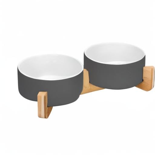 SPUNKYJUNKY Ceramic Dog and Cat Bowl Set with Wooden Stand, Modern Cute Weighted Food Water Set for Small Size Dogs (13.5OZ) & Medium Sized Dogs (28.7OZ) & Cats (3.6 Cups, 2 × White-Grey) - color: White-Grey × 2, size: 3.6 cups