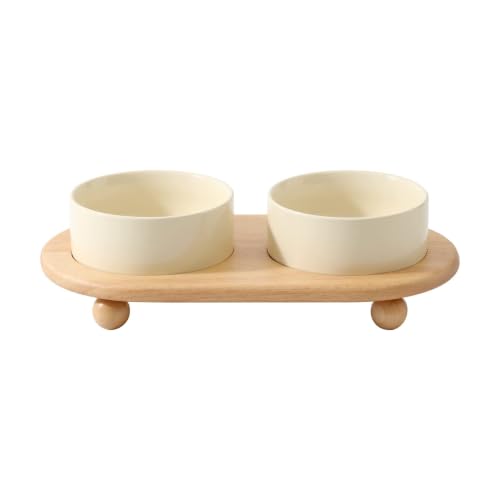 Havniva Raised Cat Bowl 5.1” Elevated Ceramic Cat Food and Water Bowl Set | Cat Bowls Elevated, Whisker Friendly Cat Bowl, Non-Slip Wood Stand, Food-Grade Ceramic, Wide Opening, Dishwasher Safe - color: Light Yellow, size: 5.1inch - 2 Bowls+Stand