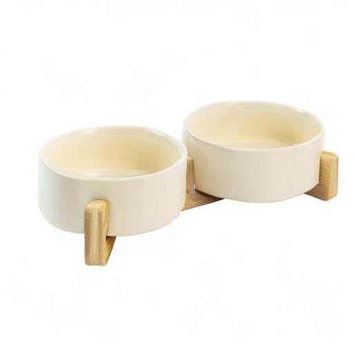 SPUNKYJUNKY Ceramic Dog and Cat Bowl Set with Wooden Stand, Modern Cute Weighted Food Water Set for Small Size Dogs (13.5OZ) & Medium Sized Dogs (28.7OZ) & Cats (1.7 Cups, 2 × Beige) - color: Beige × 2, size: 1.7 cups