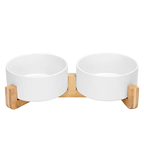 SPUNKYJUNKY Ceramic Dog and Cat Bowl with Wood Stand Non-Slip Matte Glaze Weighted Food Water Set for Cat Medium Dog 28.7 OZ - color: White × 2, size: 3.6 cups