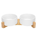SPUNKYJUNKY Ceramic Dog and Cat Bowl with Wood Stand Non-Slip Matte Glaze Weighted Food Water Set for Cat Medium Dog 28.7 OZ - color: White × 2, size: 3.6 cups