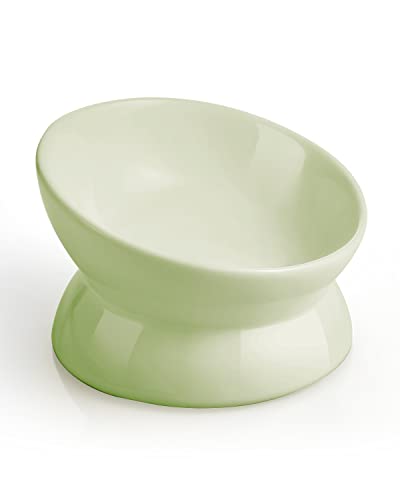 LoeJan Elevated Cat Food Bowl, 5 Oz Ceramic Raised and Tilted Water Bowl, Anti Vomiting and Protect Pets' Spines Dishes for Small Dog, Fat Faced Cat, Kitten (Green, 1 Pack) - color: Green