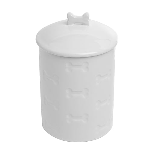 Ceramic Treat Jar, Kitchen Countertop Container for Dogs, Cats, Puppies and More, Chic Container with Airtight Lid for Cookies, Biscuits and Treats (Manor) (Bones, White, 1.4 Qt) - color: White