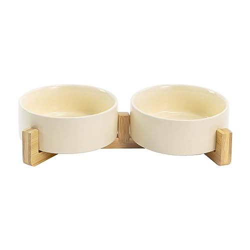 SPUNKYJUNKY Ceramic Dog and Cat Bowl Set with Wooden Stand, Modern Cute Weighted Food Water Set for Small Size Dogs (13.5OZ) & Medium Sized Dogs (28.7OZ) & Cats (1.7 Cups, 2 × Beige) - color: Beige × 2, size: 1.7 cups