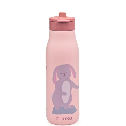 noüka Insulated Stainless Steel Kids Water Bottle | Silicone Straw & Spout | Leak-Proof | BPA-Free | Folding Handle | Pip the Rabbit | 16 Oz