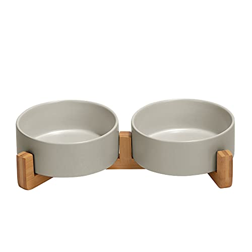 SPUNKYJUNKY Ceramic Dog and Cat Bowl with Wood Stand Non-Slip Matte Glaze Weighted Food Water Set for Cats &Small Dogs 13.5OZ - color: Grey × 2, size: 1.7 cups