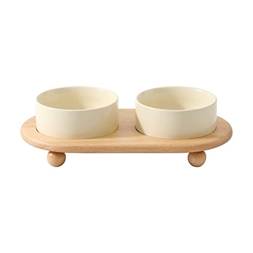 Havniva Raised Cat Bowl 5.1” Elevated Ceramic Cat Food and Water Bowl Set | Cat Bowls Elevated, Whisker Friendly Cat Bowl, Non-Slip Wood Stand, Food-Grade Ceramic, Wide Opening, Dishwasher Safe - color: 2 x Bowl + Stand - Light Yellow, size: 5.1inch