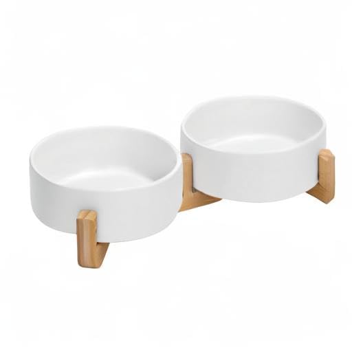 SPUNKYJUNKY Ceramic Dog and Cat Bowl with Wood Stand Non-Slip Matte Glaze Weighted Food Water Set for Cats &Small Dogs 13.5 OZ - color: White × 2, size: 1.7 cups