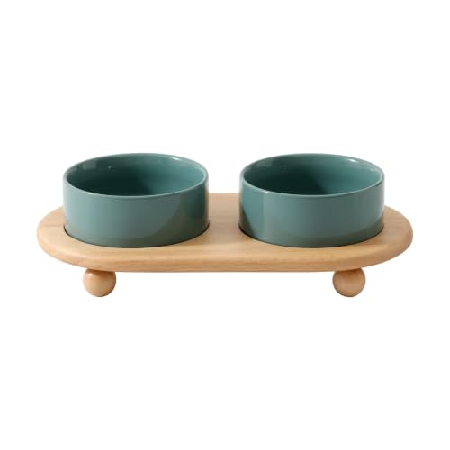 Havniva Raised Cat Bowl 5.1” Elevated Ceramic Cat Food and Water Bowl Set | Cat Bowls Elevated, Whisker Friendly Cat Bowl, Non-Slip Wood Stand, Food-Grade Ceramic, Wide Opening, Dishwasher Safe - color: Dark Green, size: 5.1inch - 2 Bowls+Stand