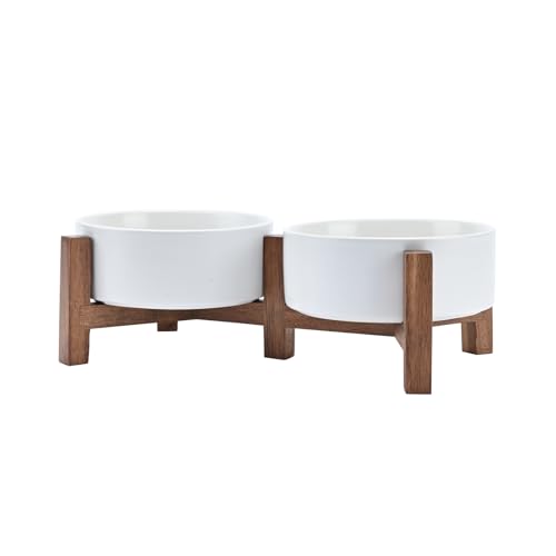 SPUNKYJUNKY Ceramic Dog Bowls with Acacia Wood Stand - Raised Dog Food and Water Bowl Set for Small Dogs (13.52 OZ, White) - color: White, size: 13.52 Oz