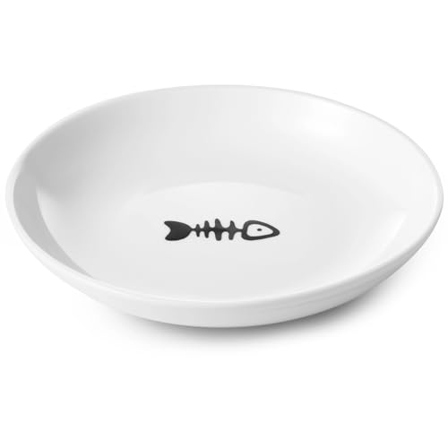 Ceramic Cat Food Plates: Cat Wet Food Bowls/Whisker Fatigue Cat Dishes & Shallow Bowls for Kittens and Small Animals | For wet/dry food; fits kittens, rabbits, hamsters; microwave & dishwasher safe; stable fishbone design - color: Fish bone