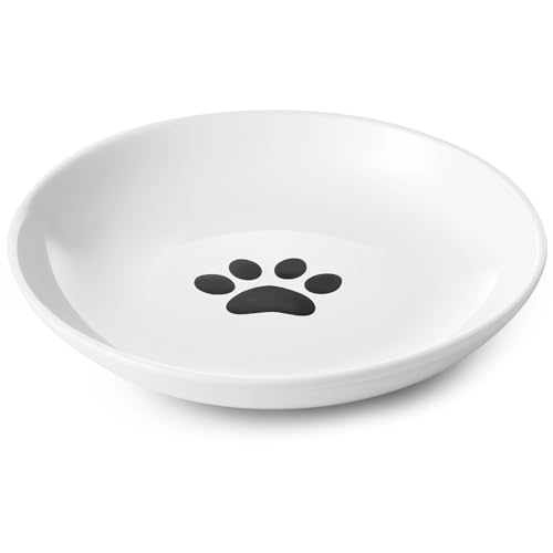 Ceramic Cat Food Plates: Cat Wet Food Bowls/Whisker Fatigue Cat Dishes & Shallow Bowls for Kittens and Small Animals1 | For wet/dry food; fits kittens, rabbits, hamsters; microwave & dishwasher safe; stable paw-print design