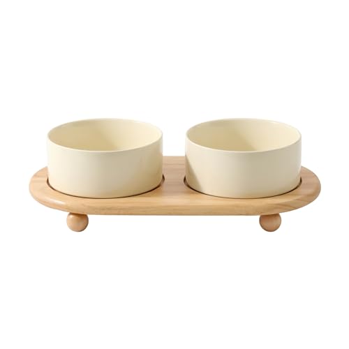 Havniva Raised Cat Bowl, 6.1” Elevated Ceramic Cat Food and Water Bowl Set | Cat Bowls Elevated, Whisker Friendly Cat Bowl, Non-Slip Wood Stand, Food-Grade Ceramic, Wide Opening, Dishwasher Safe - color: 2 x Bowl + Stand - Light Yellow, size: 6.1inch
