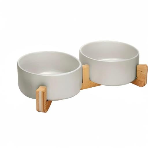 SPUNKYJUNKY Ceramic Dog and Cat Bowl with Wood Stand Non-Slip Matte Glaze Weighted Food Water Set for Cat Medium Dog 28.7 OZ - color: Grey × 2, size: 3.6 cups