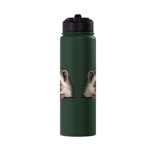 Hedgehog Cute Peeking Spiky Animal Lover Stainless Steel Insulated Water Bottle - color: Dark Green