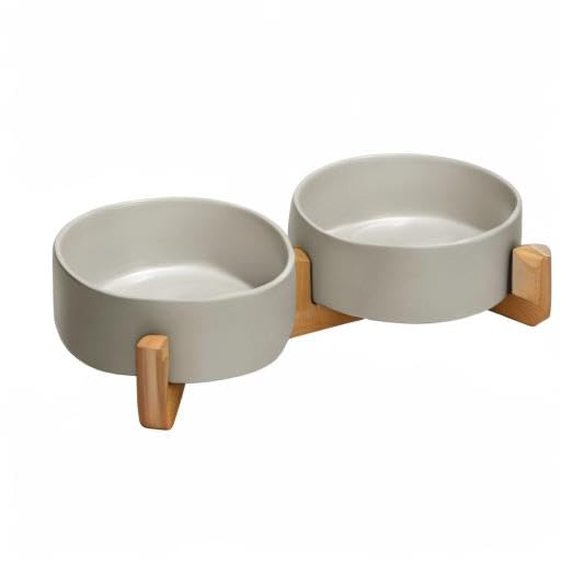 SPUNKYJUNKY Ceramic Dog and Cat Bowl with Wood Stand Non-Slip Matte Glaze Weighted Food Water Set for Cats &Small Dogs 13.5OZ - color: Grey × 2, size: 1.7 cups