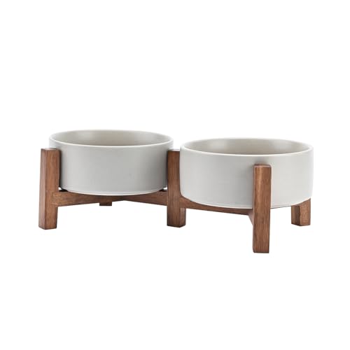 SPUNKYJUNKY Ceramic Dog Bowls Set with Acacia Wood Stand - Raised Dog Food and Water Bowl for Small Dogs (13.52 OZ, Gray) - color: Gray, size: 13.52 Oz