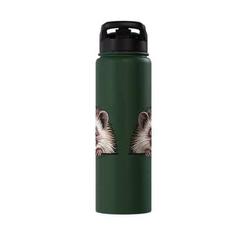Hedgehog Cute Peeking Spiky Animal Lover Stainless Steel Insulated Water Bottle - color: Dark Green