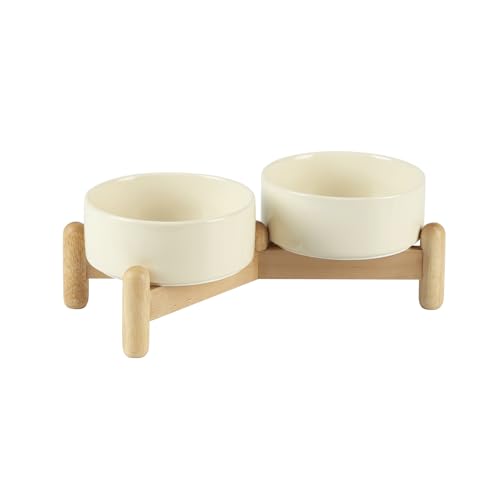 Havniva Elevated Dog Bowls Ceramic Dog Bowls with Stand, Dog Food Bowl | 5.1” Raised Dog Bowls with Non-Slip Wood Stand, Dog Food and Water Bowl Set, Double Dog Feeding Bowls for Small Dogs - color: 2 Bowls+Stand - Light Yellow, size: 5.1inch