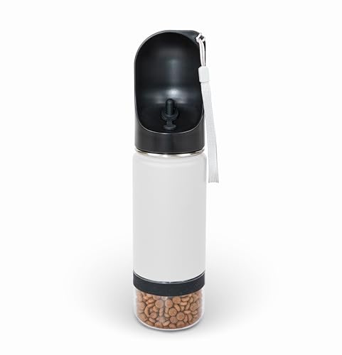 Mon Chateau 14oz Portable Dog Water Bottle with 4 oz Snack Storage, Double Walled Stainless Steel Body, Leak-Proof, Dishwasher Safe Pet Travel Bottle for Dogs, Cats & Outdoor Use, White | 4oz Snack Compartment, Double Walled Stainless Steel, Leak-Proof, D