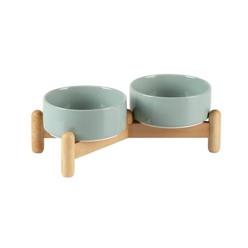 Havniva Elevated Dog Bowls Ceramic Dog Bowls with Stand, Dog Food Bowl | 5.1” Raised Dog Bowls with Non-Slip Wood Stand, Dog Food and Water Bowl Set, Double Dog Feeding Bowls for Small Dogs - color: 2 Bowls+Stand - Light Green, size: 5.1inch