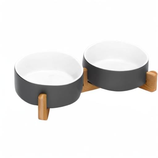 SPUNKYJUNKY Ceramic Dog and Cat Bowl Set with Wooden Stand, Modern Cute Weighted Food Water Set for Small Size Dogs (13.5OZ) & Medium Sized Dogs (28.7OZ) & Cats (1.7 Cups, 2 × White-Gray) - color: White-Grey × 2, size: 1.7 cups