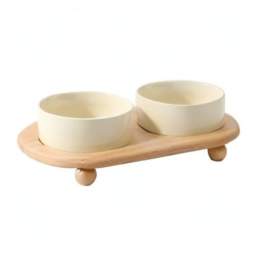 Havniva Raised Cat Bowl 5.1” Elevated Ceramic Cat Food and Water Bowl Set | Cat Bowls Elevated, Whisker Friendly Cat Bowl, Non-Slip Wood Stand, Food-Grade Ceramic, Wide Opening, Dishwasher Safe - color: 2 x Bowl + Stand - Light Yellow, size: 5.1inch