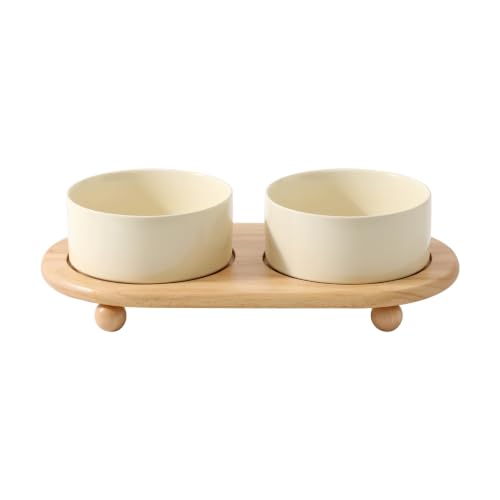 Havniva Raised Cat Bowl, 6.1” Elevated Ceramic Cat Food and Water Bowl Set | Cat Bowls Elevated, Whisker Friendly Cat Bowl, Non-Slip Wood Stand, Food-Grade Ceramic, Wide Opening, Dishwasher Safe - color: Light Yellow, size: 6.1inch - 2 Bowls+Stand