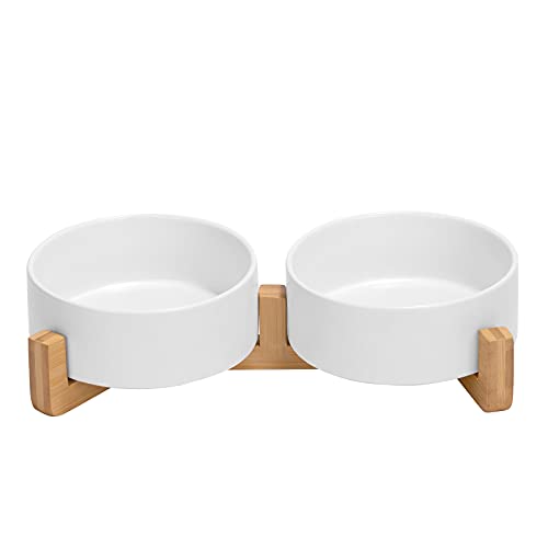 SPUNKYJUNKY Ceramic Dog and Cat Bowl with Wood Stand Non-Slip Matte Glaze Weighted Food Water Set for Cats &Small Dogs 13.5 OZ - color: White × 2, size: 1.7 cups