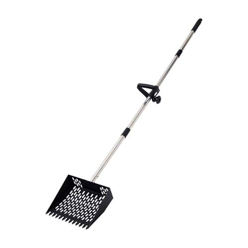 2-in-1 Chicken Poop Scooper & Rake - 10” Metal Chicken Poop Sifter Shovel with Fine Mesh, Pooper Scooper for Sand - Adjustable 39–67” Stainless Steel Handle, Animal Waste & Coop Cleaning Tool
