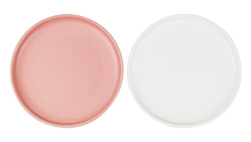 Ceramic Shallow Cat Dish 6 inch, Whisker Fatigue Free Cat Food Bowls, Wide and Small Pet Plate for Kitten and Kitty, Short Legged Munchkin Cat - color: 2 Pack - White & Pink