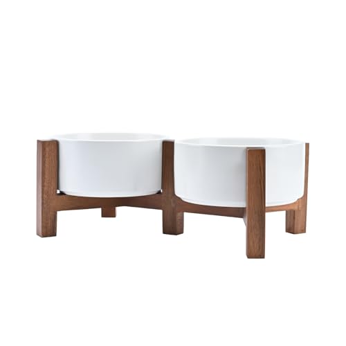 SPUNKYJUNKY Acacia Wood Stand Dog Bowl Set Raised, Ceramic Dog Food & Water Bowl for Medium Dogs (28.74 OZ, White) - color: White, size: 28.74 Oz