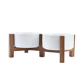 SPUNKYJUNKY Acacia Wood Stand Dog Bowl Set Raised, Ceramic Dog Food & Water Bowl for Medium Dogs (28.74 OZ, White) - color: White, size: 28.74 Oz