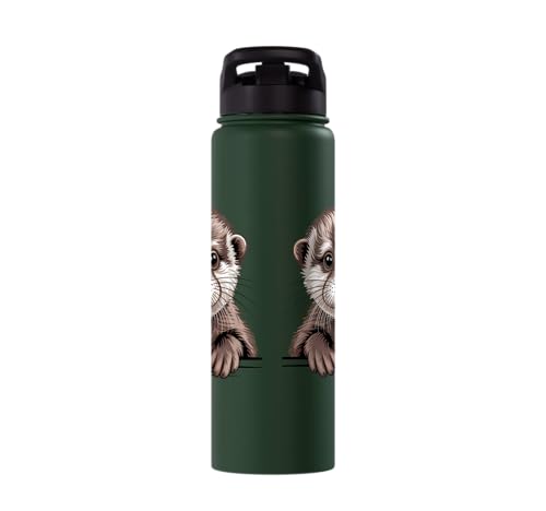 Cute Otter Pup Funny Peeking Pocket Animals Stainless Steel Insulated Water Bottle - color: Dark Green