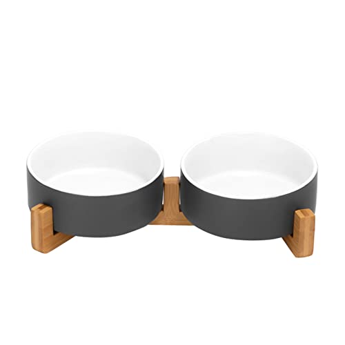 SPUNKYJUNKY Ceramic Dog and Cat Bowl Set with Wooden Stand, Modern Cute Weighted Food Water Set for Small Size Dogs (13.5OZ) & Medium Sized Dogs (28.7OZ) & Cats (1.7 Cups, 2 × White-Gray) - color: White-Grey × 2, size: 1.7 cups