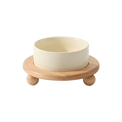 Havniva Raised Cat Bowl 5.1” Elevated Ceramic Cat Food and Water Bowl | Cat Bowls Elevated, Whisker Friendly Cat Bowl, Non-Slip Wood Stand, Food-Grade Ceramic, Wide Opening, Dishwasher Safe - color: 1 x Bowl + Stand - Light Yellow, size: 5.1inch