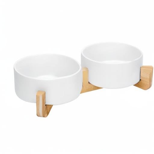 SPUNKYJUNKY Ceramic Dog and Cat Bowl with Wood Stand Non-Slip Matte Glaze Weighted Food Water Set for Cat Medium Dog 28.7 OZ - color: White × 2, size: 3.6 cups