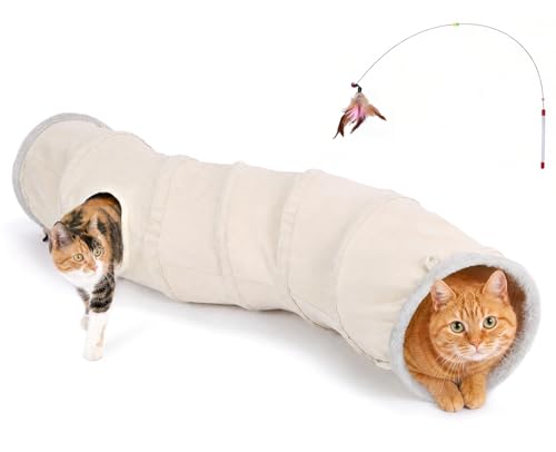 Ownpets S-Shape Cat Tunnel Toy 48"L x 10"D, for Cats, Puppies & Small Pets | Collapsible for storage, tear-resistant oxford fabric, connects to other tunnel, with peek hole, feather wand, indoor/outdoor - size: 10 Inches in Diameter