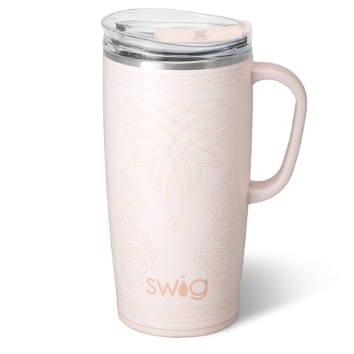 Swig Life 22oz Insulated Travel Mug with Handle & Lid, Saddle Stitch Cream | Triple Insulated Stainless Steel - Handle & Lid Included - Keeps Coffee Hot or Cold - Cup Holder Friendly - color: Saddle Stitch Cream, size: 22 Ounces