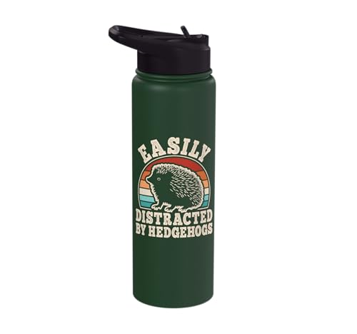 Easily Distracted By Hedgehogs Retro Hedgehog Men Women Kids Stainless Steel Insulated Water Bottle - color: Dark Green
