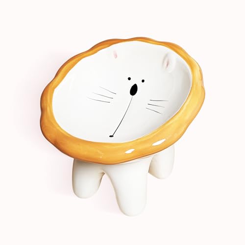 Lion Themed Tilted Ceramic Pet Bowl - High-Raised Cat/Dog Dish, 15° Anti-Regurgitation, 120g Large Capacity - color: Yellow Lion