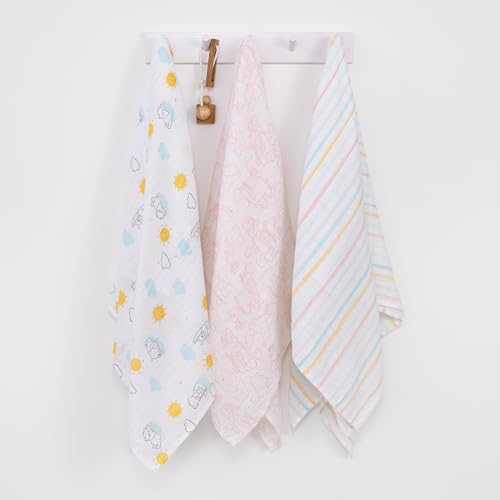Disney Winnie the Pooh 3 Piece Muslin Swaddle Baby Blanket Set - color: Winnie the Pooh Yellow, Aqua, and White