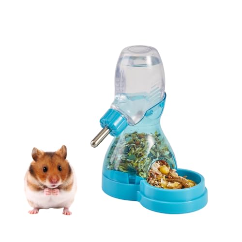 2 in 1 Hamster Water Bottle No Drip with Large Capacity Automatic Food Dispenser Small Animal Feeder for Syrian Dwarf Hamster Mouse Rat Degu (Blue, 3oz) - color: Blue