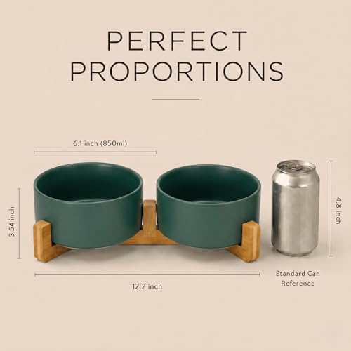 SPUNKYJUNKY Ceramic Dog and Cat Bowl with Wood Stand Non-Slip Matte Glaze Weighted Food Water Set for Cat Medium Dog 28.7 OZ - color: Green × 2, size: 3.6 cups