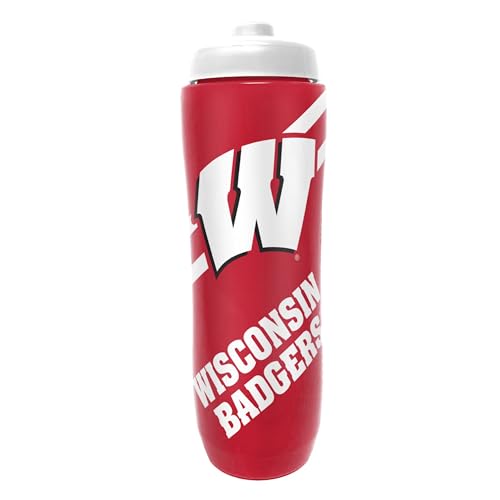 Party Animal NCAA Squeeze Bottle, 32 oz, Wisconsin Badgers | Slim, lightweight BPA-free sports water bottle with quick-flow squeeze; fits backpacks & cup holders for kids or adults - style: Wisconsin Badgers