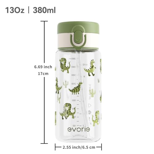 Evorie Tritan Kids Water Bottle with Straw, Leak Proof Drink Bottle,13oz | Ages 3+, BPA-Free, Dishwasher safe, Easy to clean, Lightweight and easy to carry for school and travel, Green Dino - color: Green Dino
