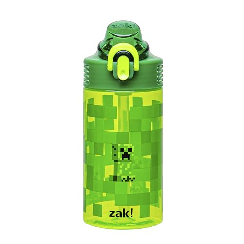 Zak Designs Sage Minecraft Kids Water Bottle For School or Travel, 16oz Durable Plastic Water Bottle With Straw, Handle, and Leak-Proof, Pop-Up Spout Cover (Creeper) - color: Minecraft (Creeper), size: 16 Ounces