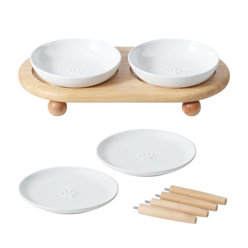 Havniva Elevated Cat Bowls, Cat Food and Water Bowl Set, Ceramic Cat Bowl | Raised Cat Food Bowls, Whisker Friendly, 5.6” Shallow Cat Dishes + 6” Wide Cat Plates, Non-Slip Wood Stand, Two Heights - color: White, size: 2 Bowls+2 Dishes